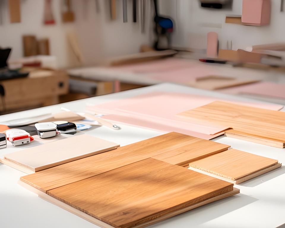 Massgeschneiderte Holzplatten und fein geordnete Werkstattunterlagen auf einem hellen Arbeitstisch in Zürich