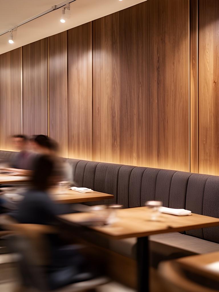 Bankette und Wandverkleidung aus Holz in einem modernen Restaurant mit warmem Ambiente