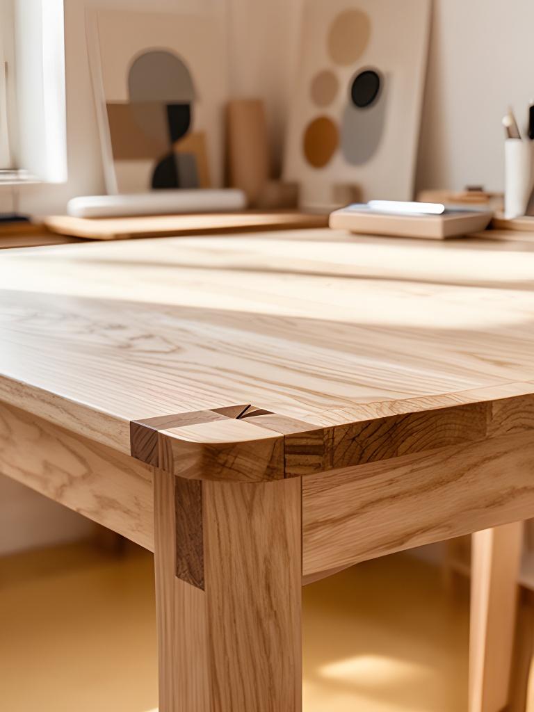 Schreibtisch aus Esche in einem ruhigen Atelier mit Zeichenmaterial und natürlichem Licht